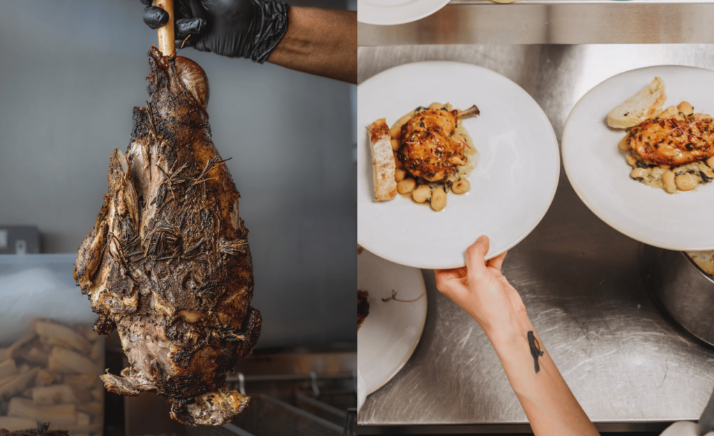 A split image showing a hand holding a large seasoned roast leg of lamb, and plates of carefully presented roasted chicken dishes.